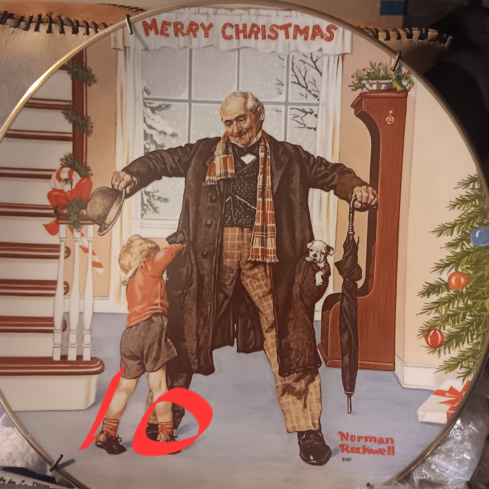 Norman Rockwell Christmas Plate - Red, Brown, Black, White